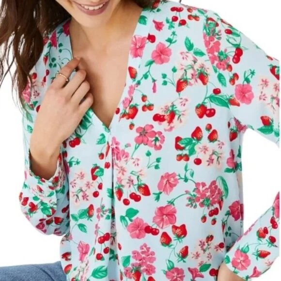 Ann Taylor Tops - Ann Taylor Floral Strawberry Cherry Print Long Sleeve Popover Top Size Small S